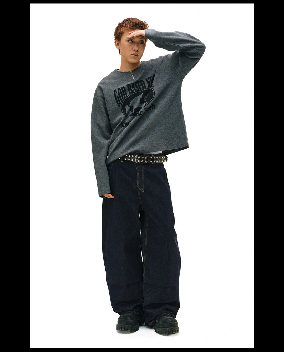 NOVACAM Waffle Vintage Print Zip Long Sleeve Tee | Face 3 Face