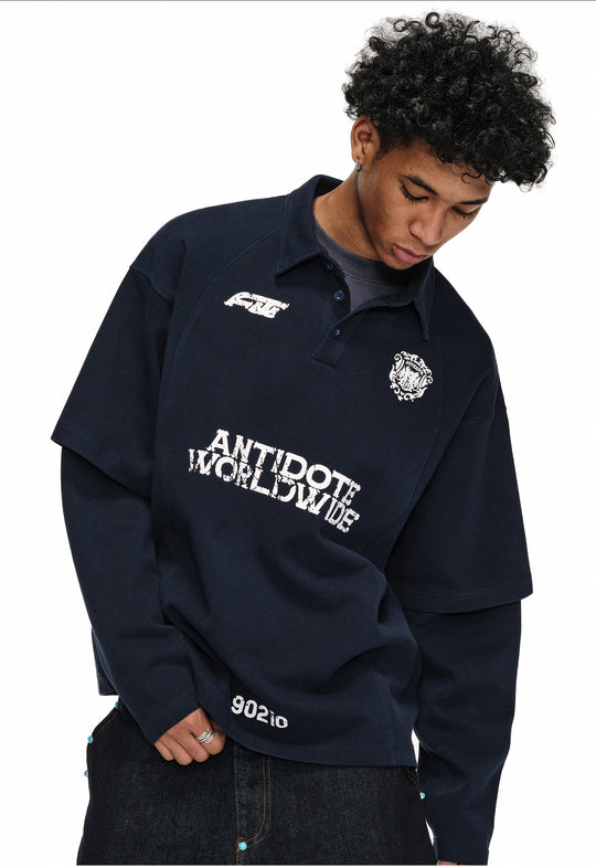 ANTIDOTE Logo & Badge Printed Layered Long Sleeve Polo | Face 3 Face