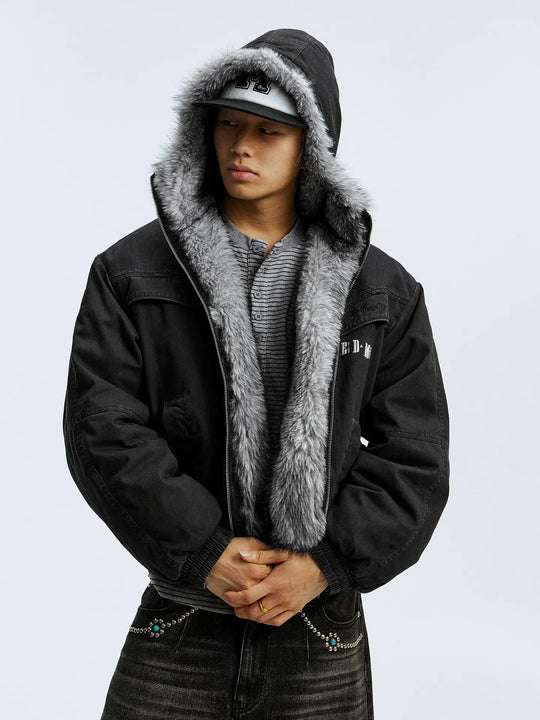 MEDM Fur Lined Washed Work Hooded Jacket | Face 3 Face