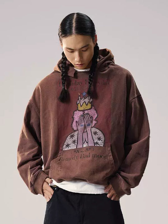 Remedy Washed Distressed Print Hoodie | Face 3 Face