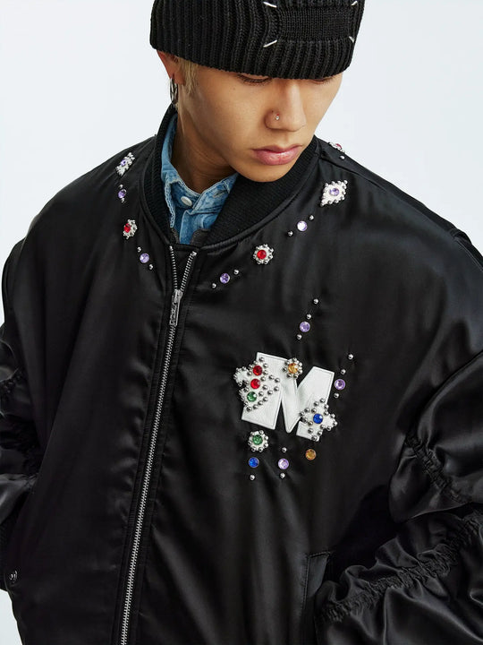MEDM Gemstone Studded Leather Patch MA-1 Bomber Jacket | Face 3 Face