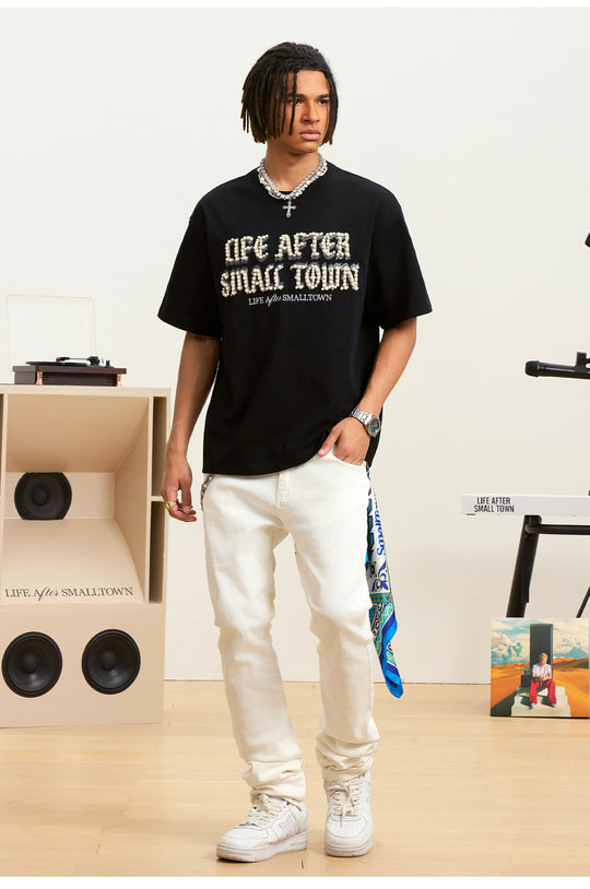 Small Town Kid Pearl Embroidered Leather Patch Tee | Face 3 Face