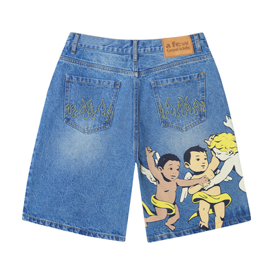 AFGK Three Angels Flame Embroidered Denim Shorts / Jorts | Face 3 Face