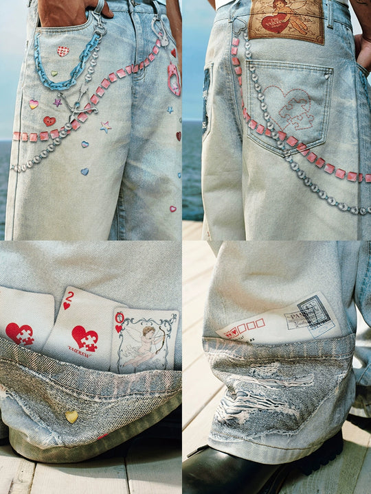 YADcrew Cute Heart Photorealistic Print Jeans | Face 3 Face