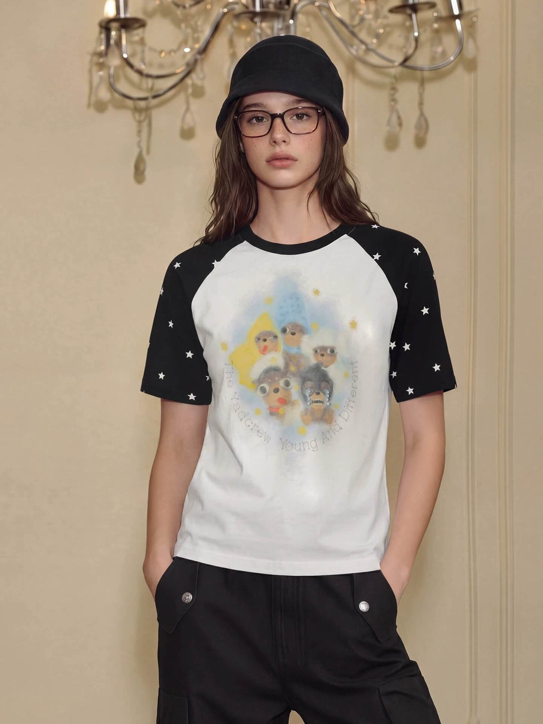 YADcrew Cartoon Dog Print Star Raglan Color Block Tee | Face 3 Face