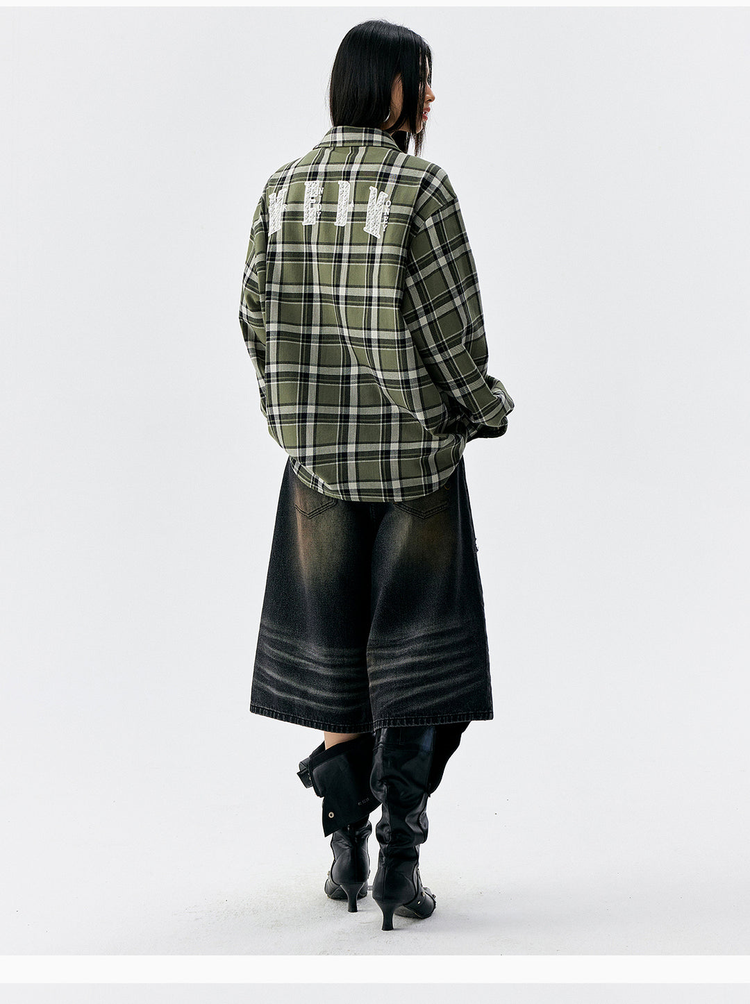 MEDM Green Pearl Embroidery Plaid Long Sleeve Shirt | Face 3 Face