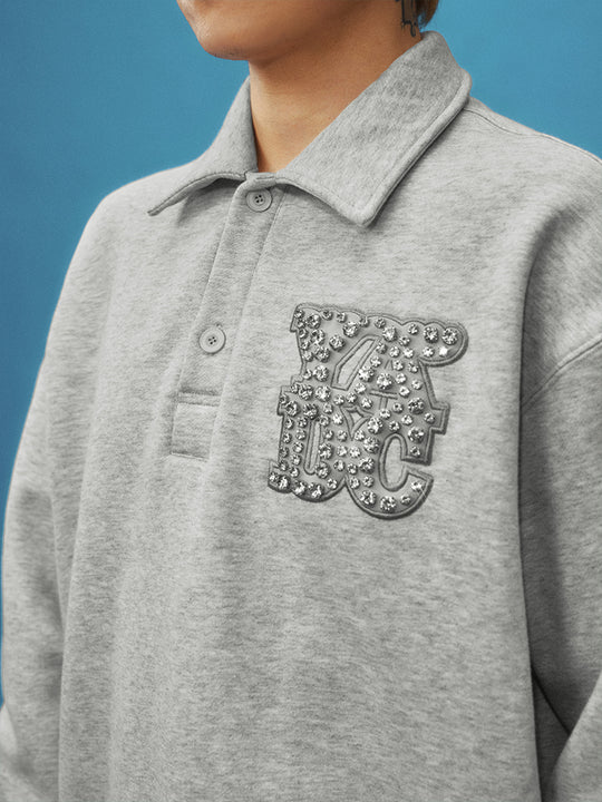 YADcrew Diamond-Studded Leather Logo Polo Sweatshirt | Face 3 Face