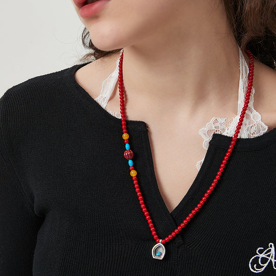 AWE Copper Box Pendant Red Beaded Necklace | Face 3 Face