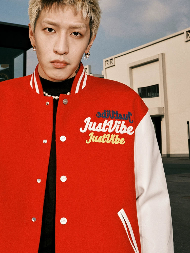 JUST VIBE Terry Multicolor Logo PU Leather Varsity Jacket | Face 3 Face