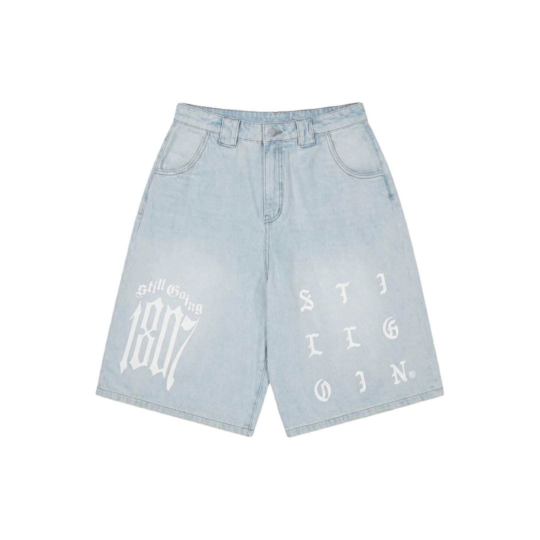 1807 Gothic Letter Print Washed Denim Baggy Shorts | Face 3 Face