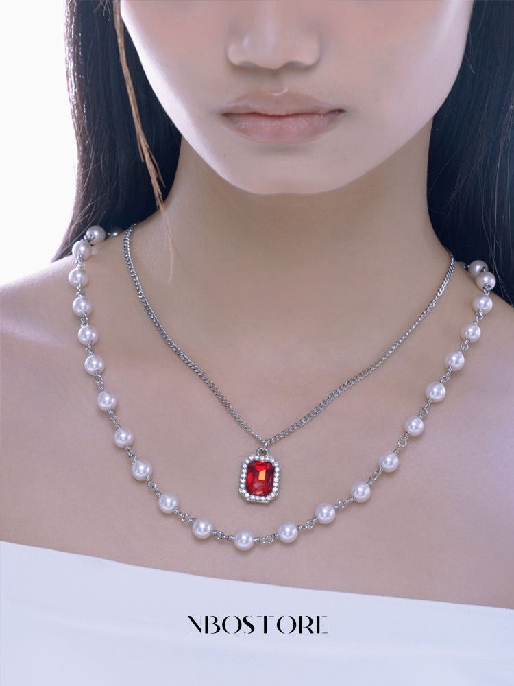 NboStore Pearl Stitching Red Gemstone Necklace | Face 3 Face