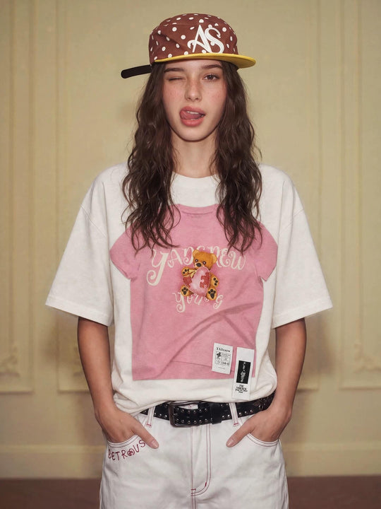 YADcrew Digital Print Cute Bear Rhinestone Tee | Face 3 Face
