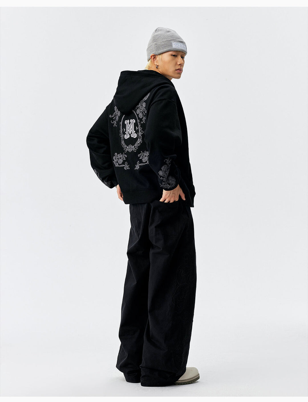 MEDM Patterned Flower Embroidered Zip Up Hoodie | Face 3 Face