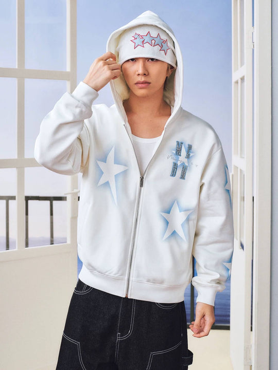 MEDM Spray Star Print Rhinestone Logo Zip Up Hoodie | Face 3 Face