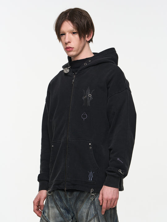 BLIND NO PLAN Washed Print Metal Detail Zip-Up Hoodie | Face 3 Face