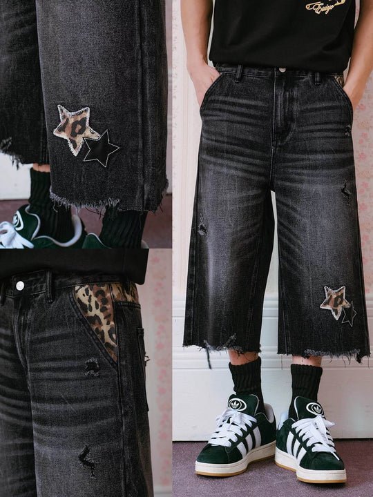 MEDM Leopard Print Star Patch Cutoff Denim Shorts | Face 3 Face
