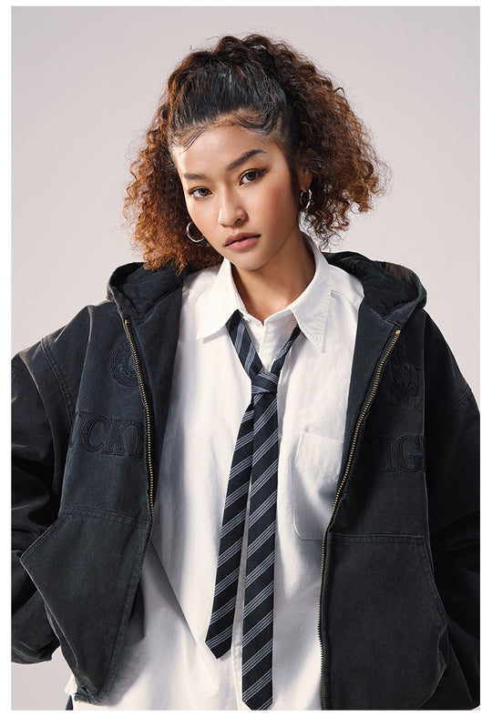 Remedy Embroidered Washed Hooded Bomber Jacket | Face 3 Face