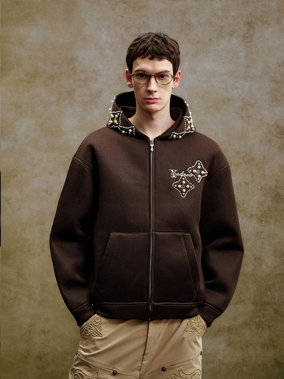 YADcrew Colorful Gemstone Pearl Mesh Zip Up Hoodie | Face 3 Face