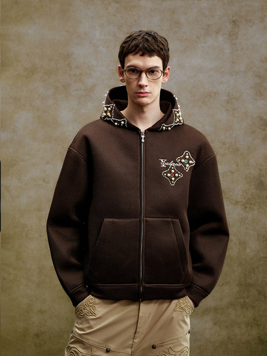 YADcrew Colorful Gemstone Pearl Mesh Zip Up Hoodie | Face 3 Face