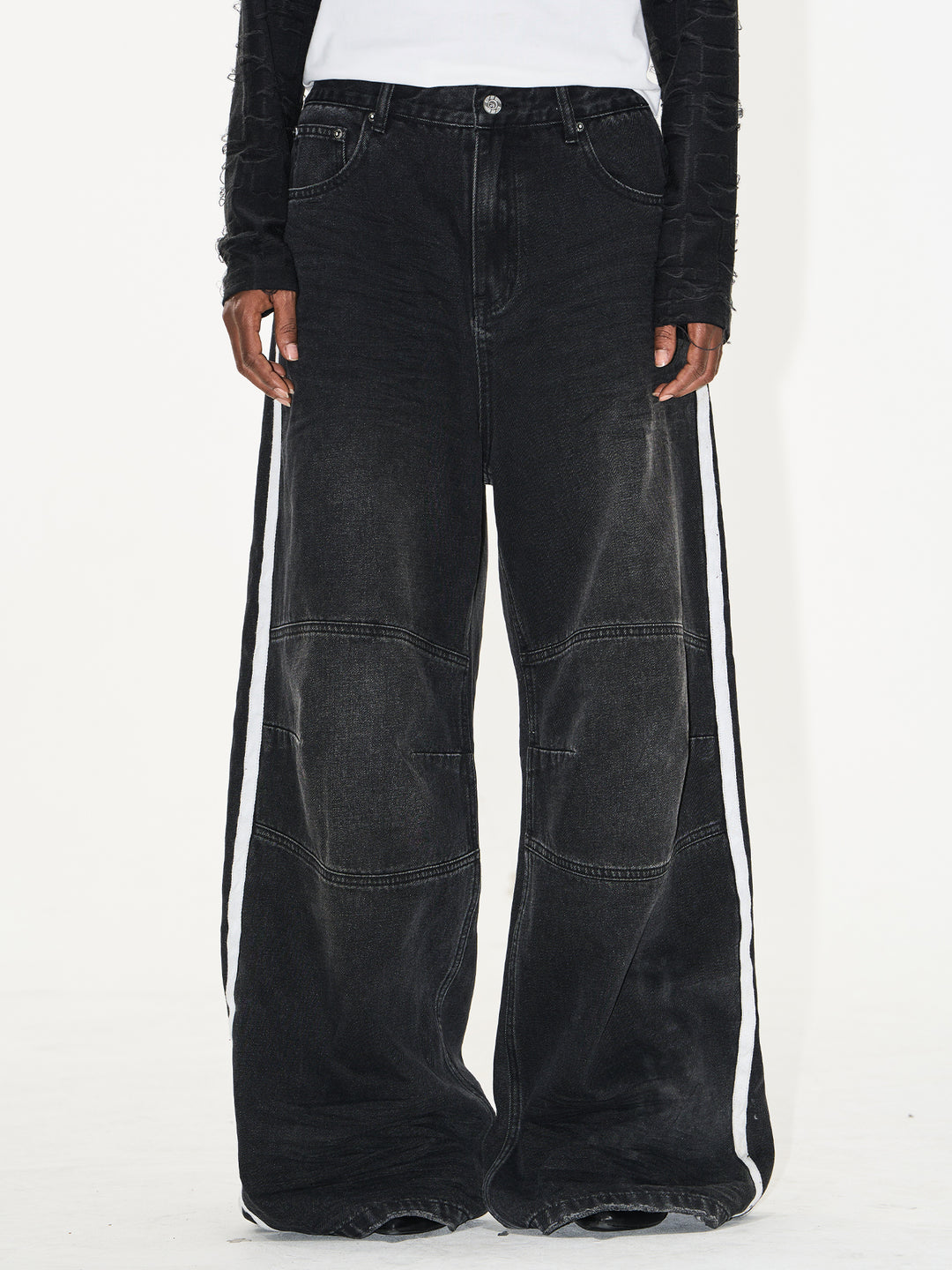 BLIND NO PLAN Washed Distressed Color-Blocked Striped Baggy Jeans | Face 3 Face