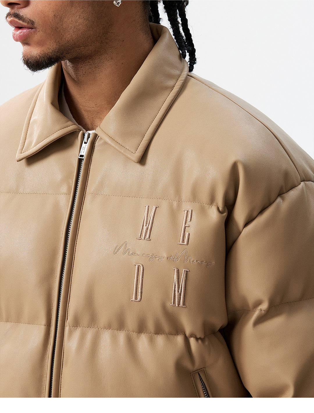 MEDM PU Leather 3D Embroidered Puffer Jacket | Face 3 Face