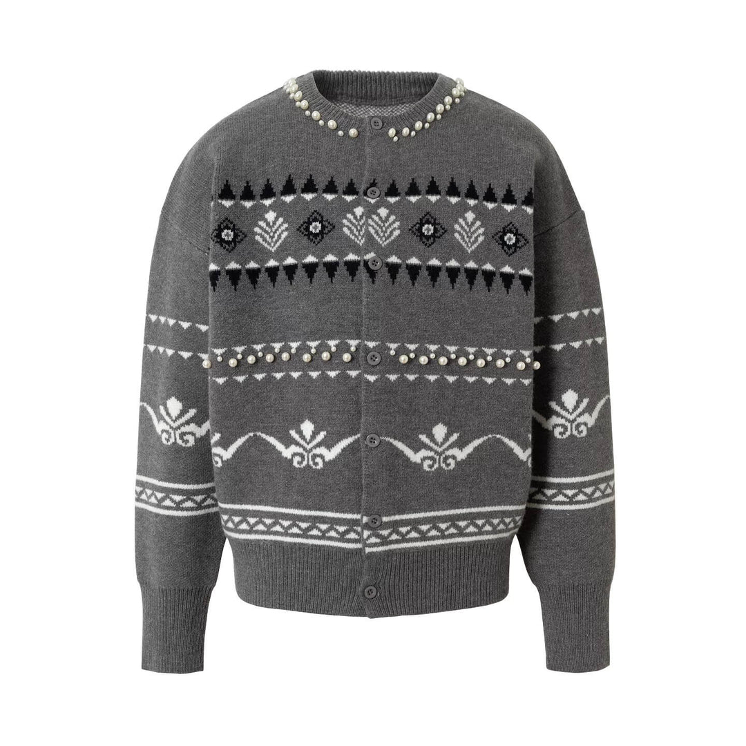 YADcrew Pearl Embellished Fair Isle Knit Crew Neck Cardigan | Face 3 Face