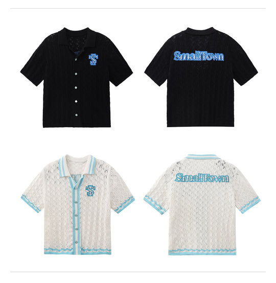 Small Town Kid Ethnic Logo Patch Crochet Knit Hawaiian Shirt | Face 3 Face