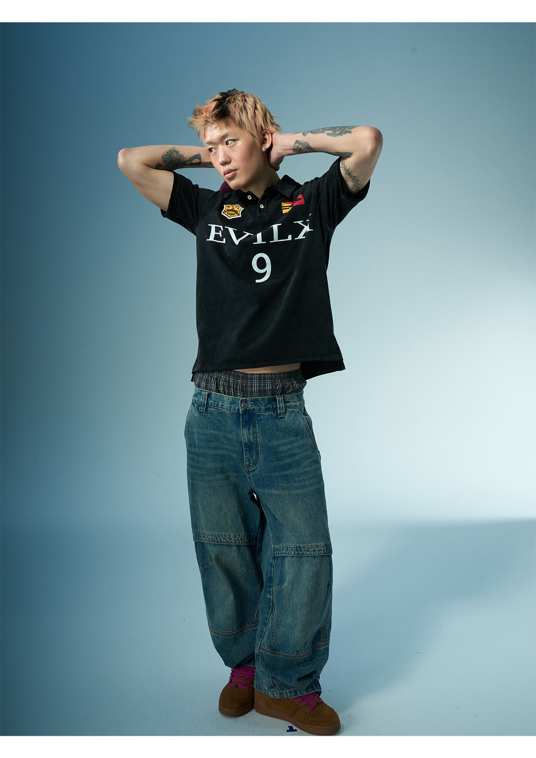 EVILKNIGHT(EK) Embroidered and Logo Printed Washed Polo | Face 3 Face