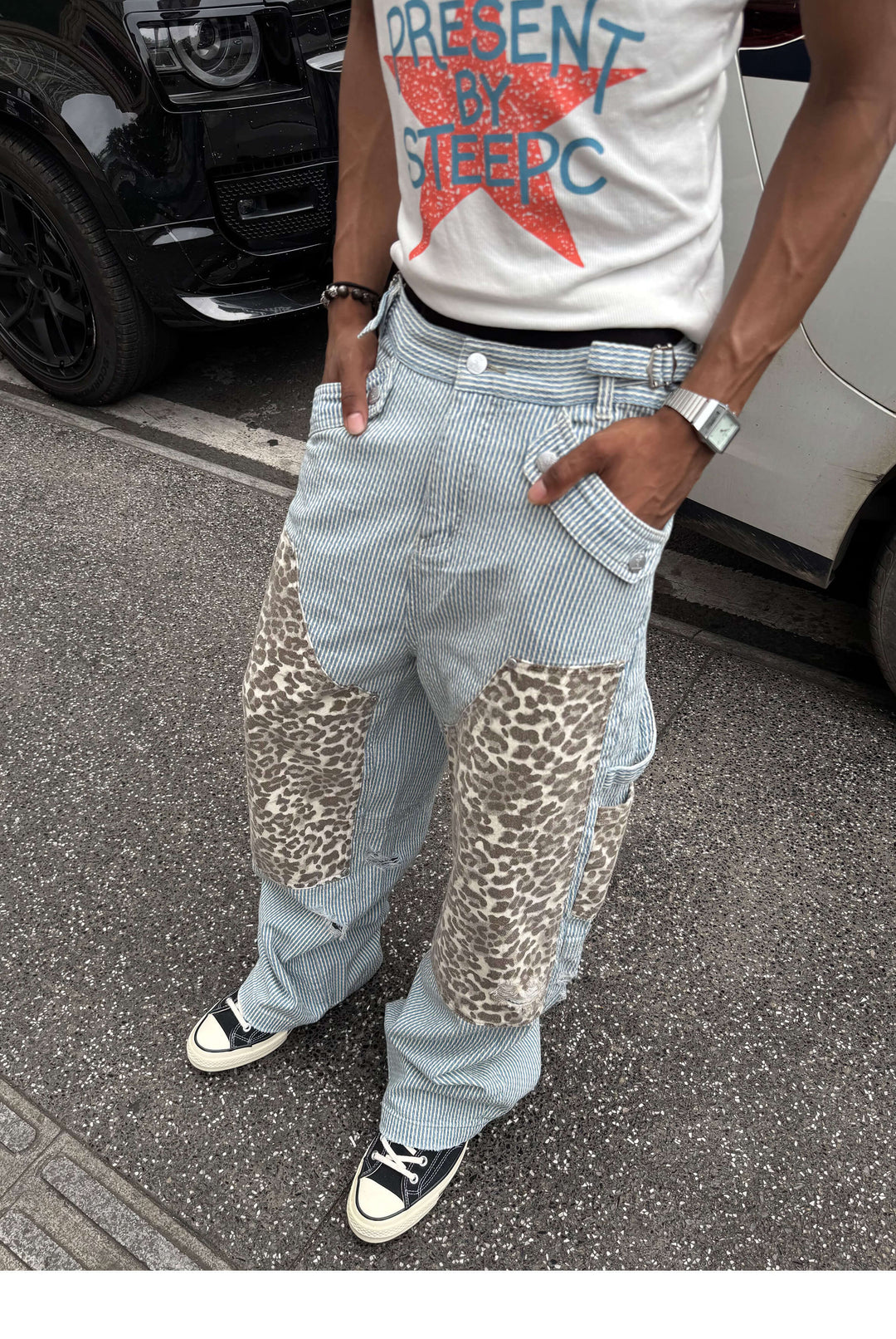 STEEPC Leopard Print Double Knee Hickory Stripe Baggy Pants | Face 3 Face