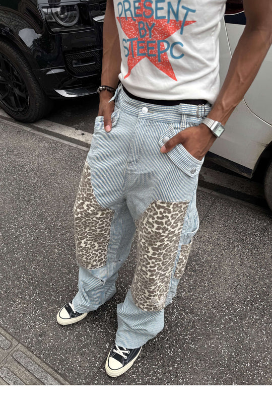 STEEPC Leopard Print Double Knee Hickory Stripe Baggy Pants | Face 3 Face