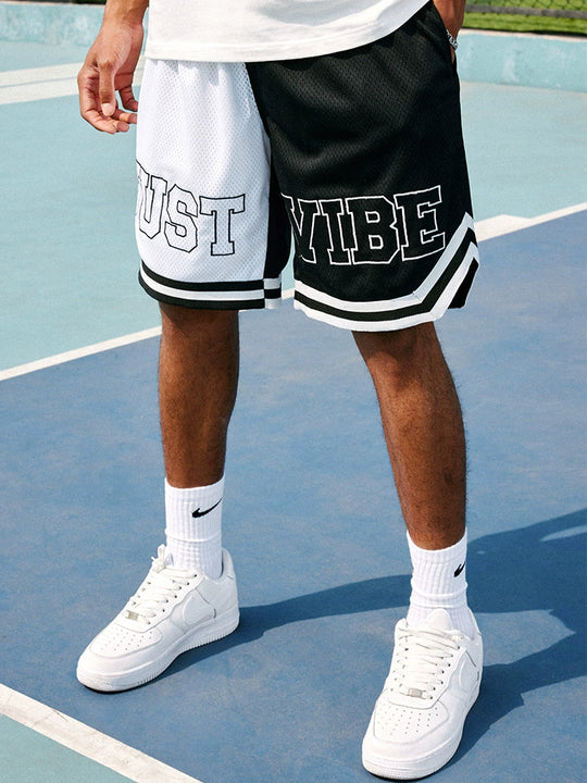 JUST VIBE Black White Asymmetric Mesh Basketball Shorts | Face 3 Face
