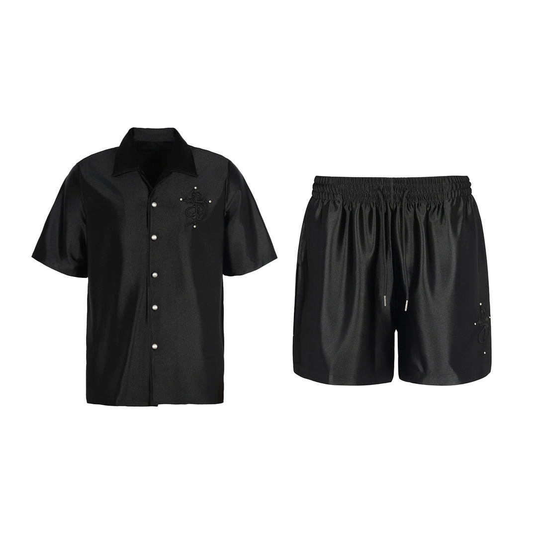 Small Town Kid 3D Cross Embroidered Satin Cuban Shirt Set | Face 3 Face