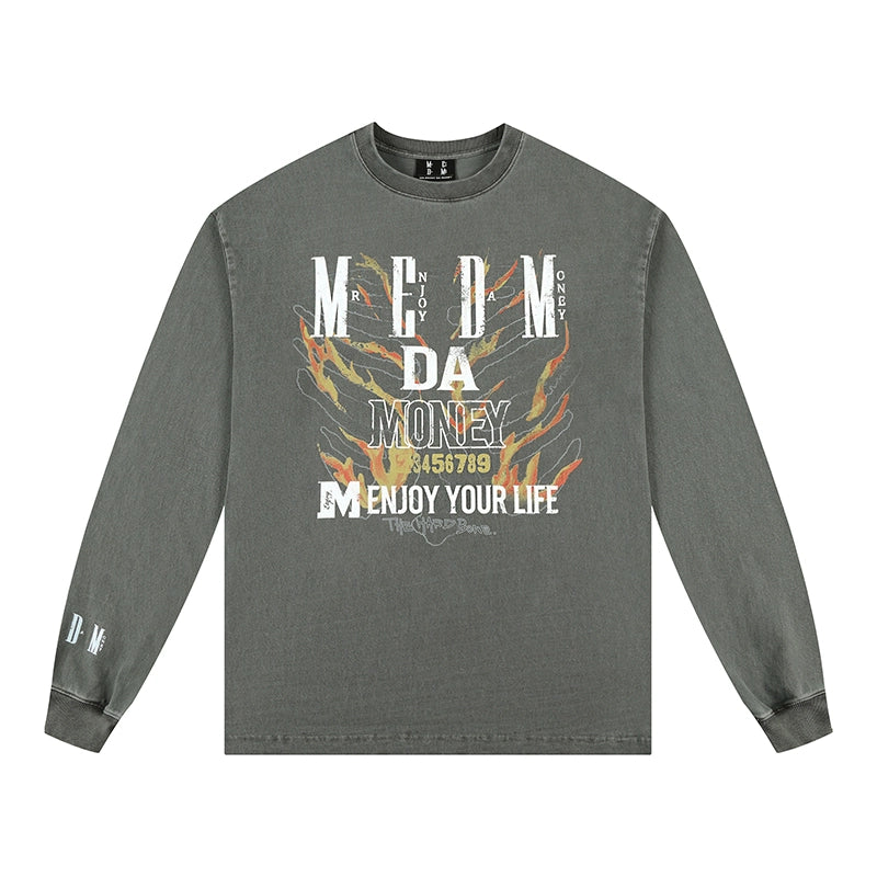 MEDM Flame Bones Graphic Washed Long Sleeve Tee | Face 3 Face