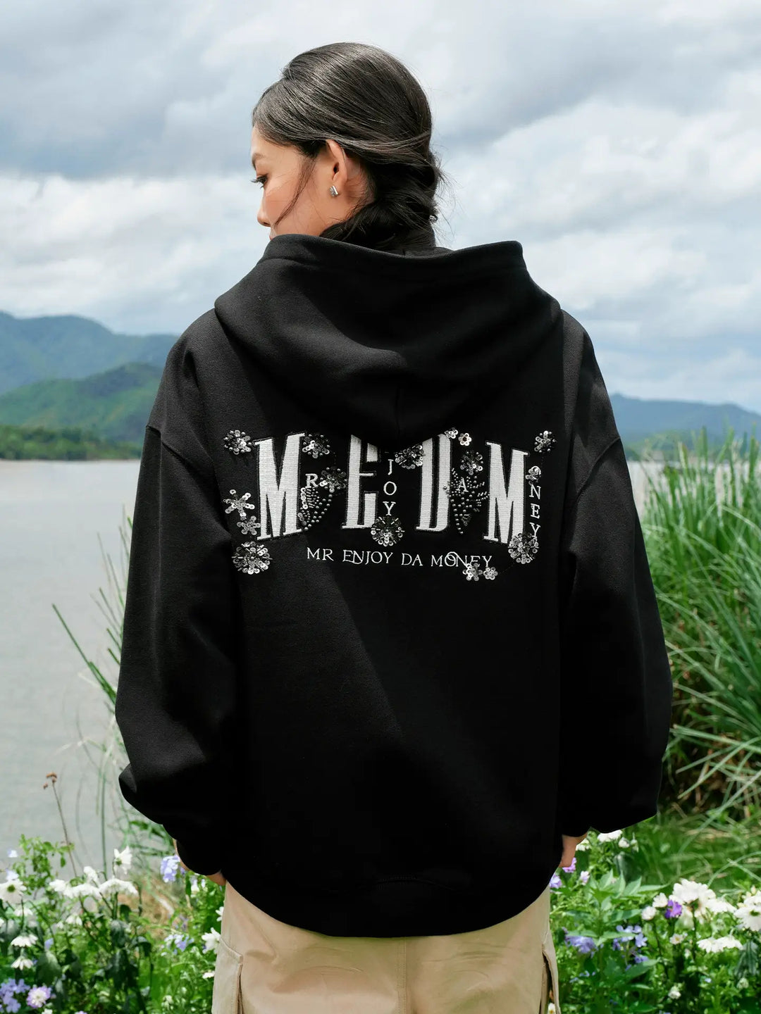 MEDM Beaded Flower Embellished Zip Up Hoodie | Face 3 Face
