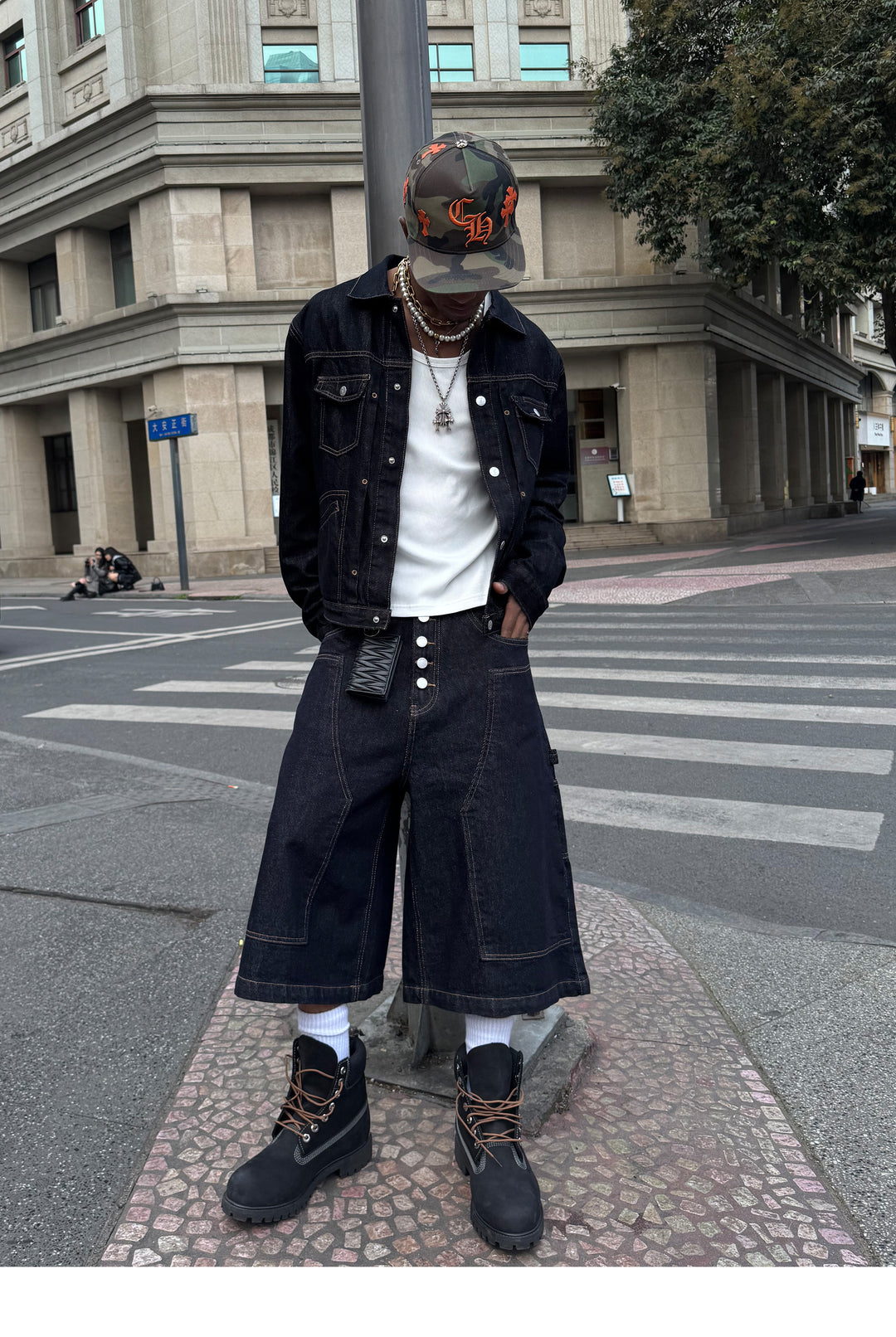 STEEPC Snap Button Double Knee Cropped Denim Baggy Shorts | Face 3 Face