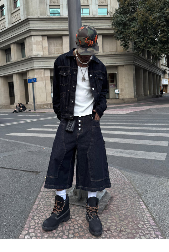 STEEPC Snap Button Double Knee Cropped Denim Baggy Shorts | Face 3 Face