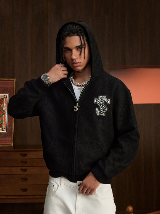 Small Town Kid Faux Suede Rhinestone Logo Patch Zip Up Hooded Jacket | Face 3 Face