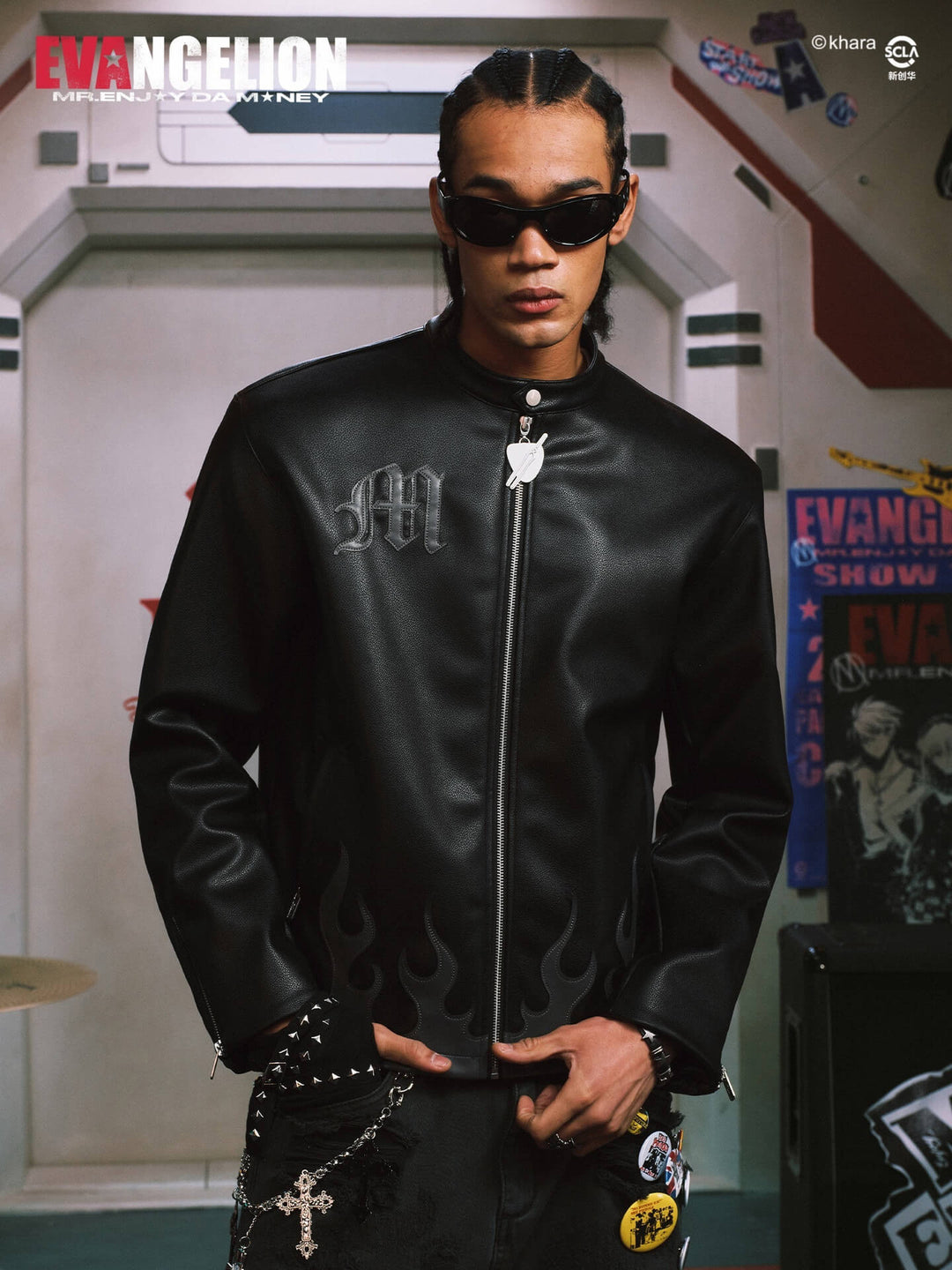 MEDM x EVA NEVER END Flame Character Portraits PU Leather Biker Jacket | Face 3 Face