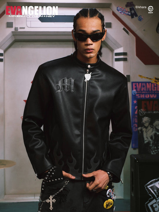 MEDM x EVA NEVER END Flame Character Portraits PU Leather Biker Jacket | Face 3 Face