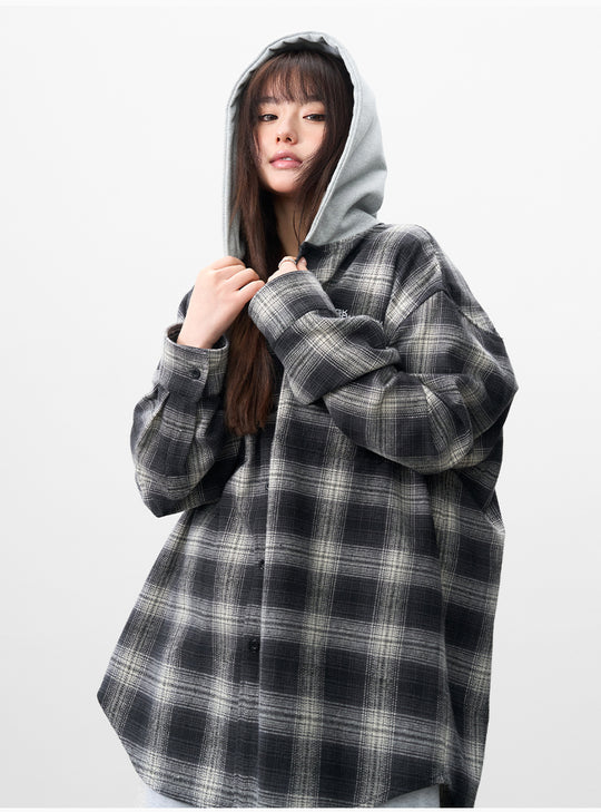 AFGK Plaid Embroidered Hooded Long Sleeve Shirt | Face 3 Face
