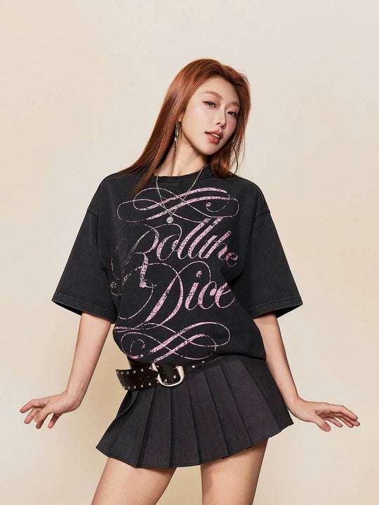 1807 Distressed Calligraphy Graphic Washed Short Sleeve Tee | Face 3 Face