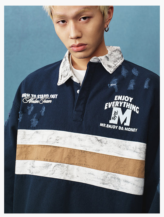 MEDM Asymmetric Collar Stripes Long Sleeve Polo | Face 3 Face