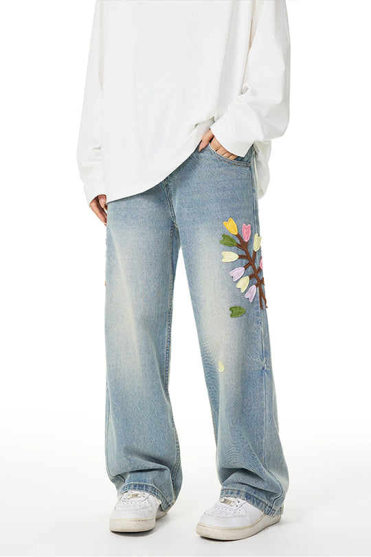 Achock Washed Flower Embroidered Jeans | Face 3 Face