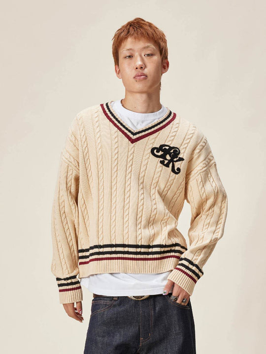 EVILKNIGHT(EK) Logo Cable Knit V Neck Sweater | Face 3 Face