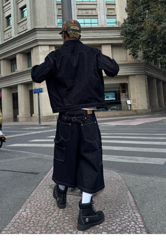 STEEPC Snap Button Double Knee Cropped Denim Baggy Shorts | Face 3 Face