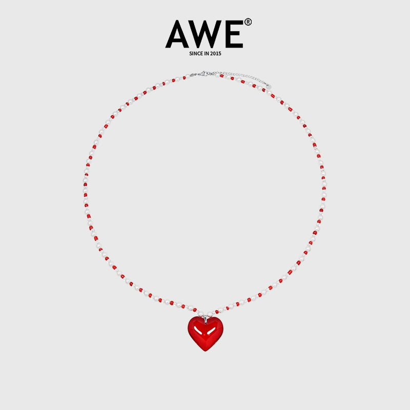 AWE Red Heart Pearl Necklace | Face 3 Face