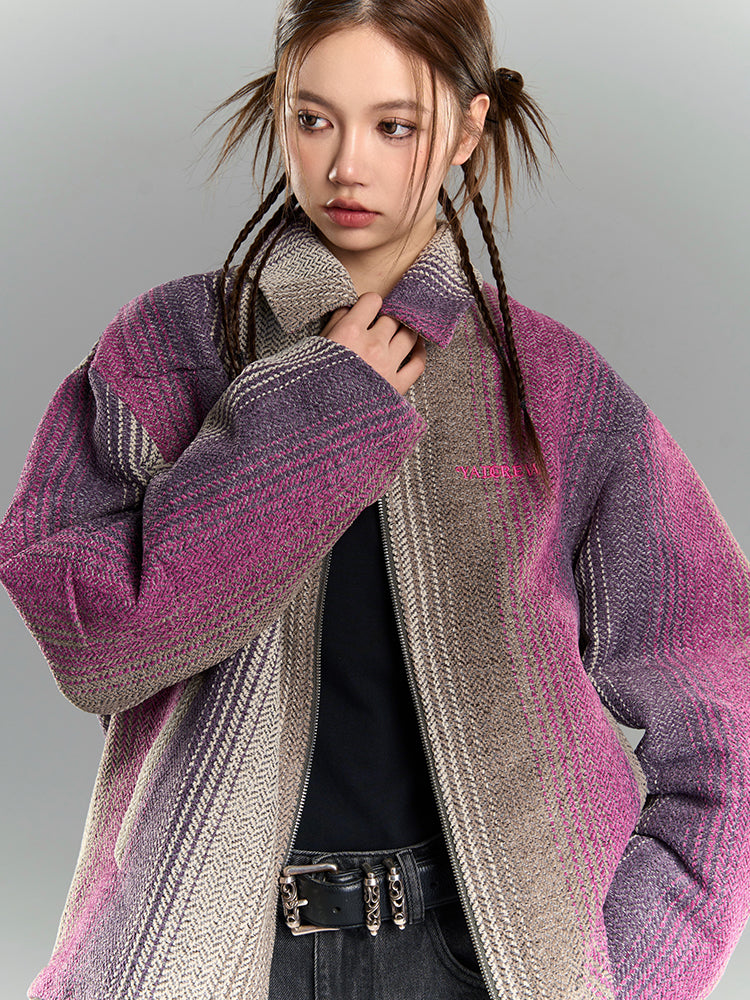 YADcrew Gradient Pleated Striped Shirt Jacket