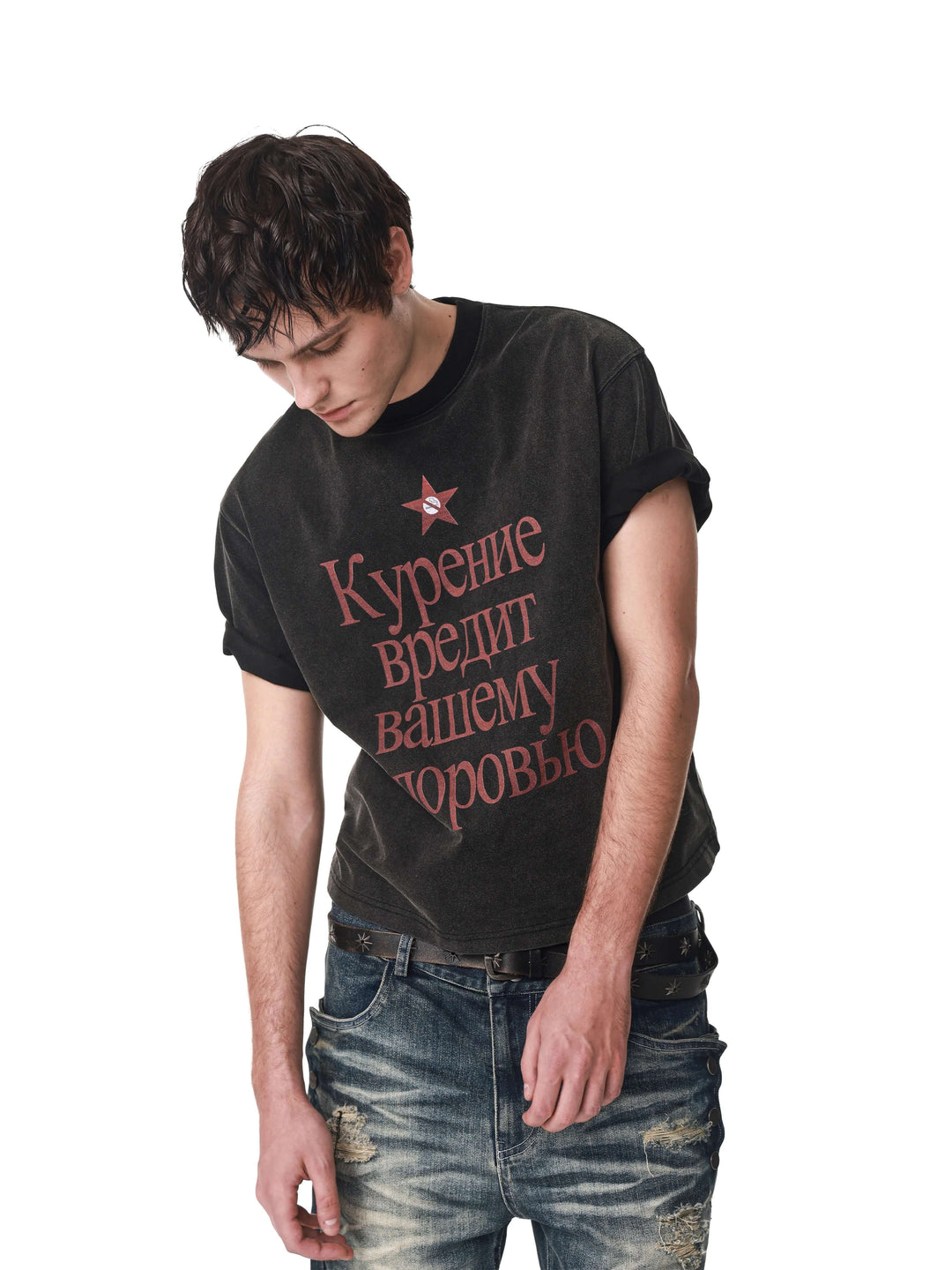 ANTIDOTE Cyrillic Letter Print Washed Short Sleeve Tee | Face 3 Face