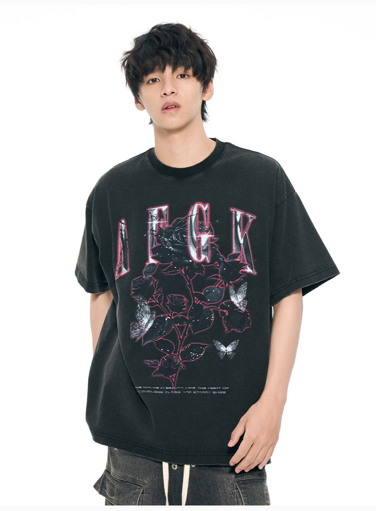 AFGK Metal Rose Print Distressed Washed Tee | Face 3 Face