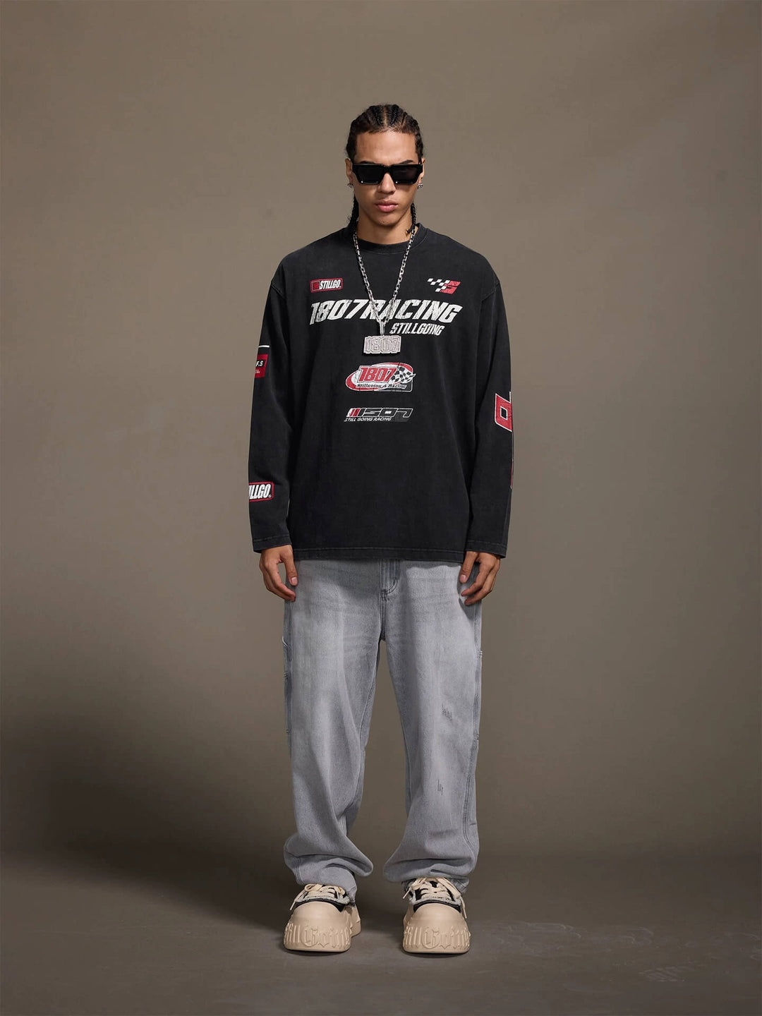 1807 Racing Vintage Printed Distressed Long Sleeve Tee | Face 3 Face